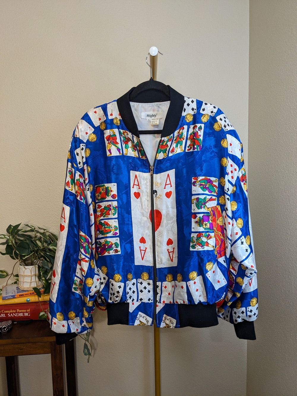 Vintage Mighty Satin Bomber Jacket XL Blue Casino Playing Cards Poker Moschino